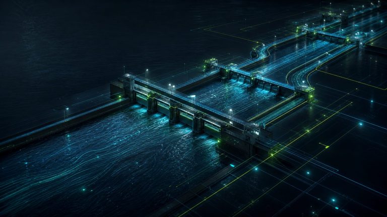 Abstract river lock workflow control visual with luminous channels and process gates.
