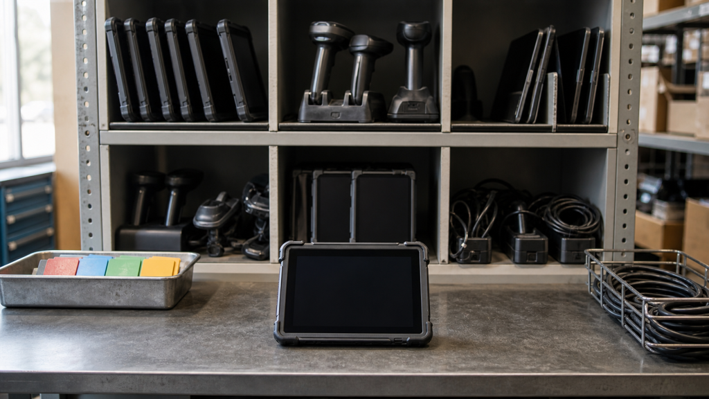 Rugged tablet and operations devices on a shelf representing a custom internal tool decision