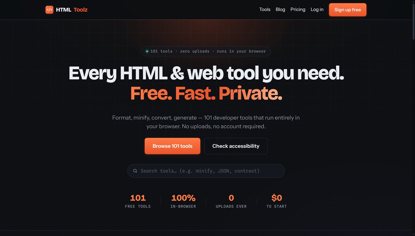 Homepage of htmltoolz.com, a suite of 101 free browser-based HTML and web developer tools built by QC Devworks