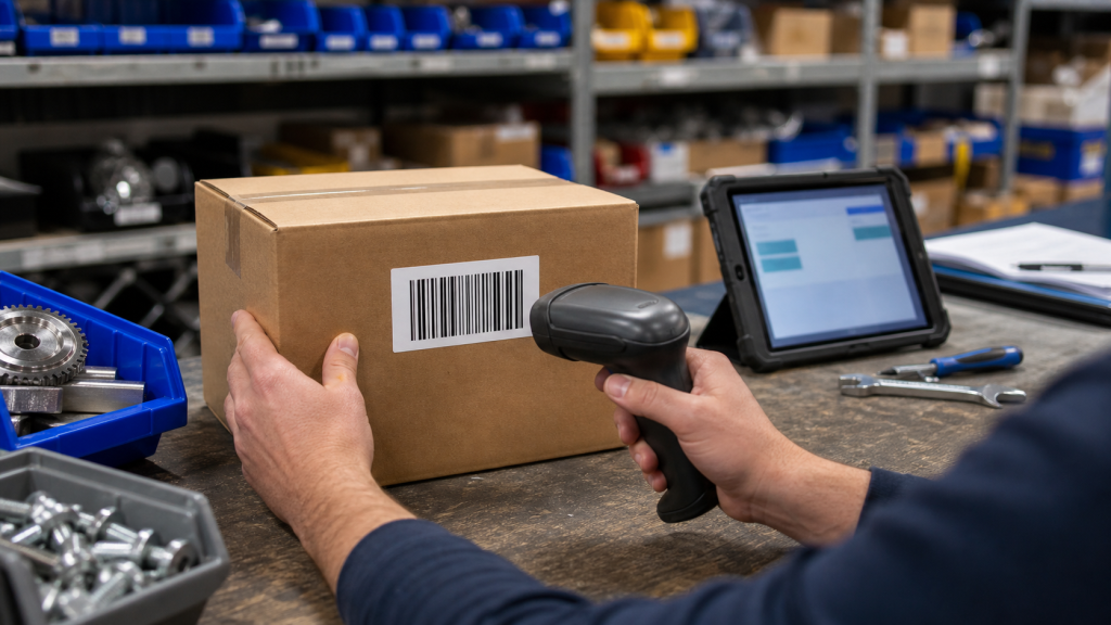 Small business inventory workflow with a barcode scanner aimed at a visible barcode label on a stockroom box