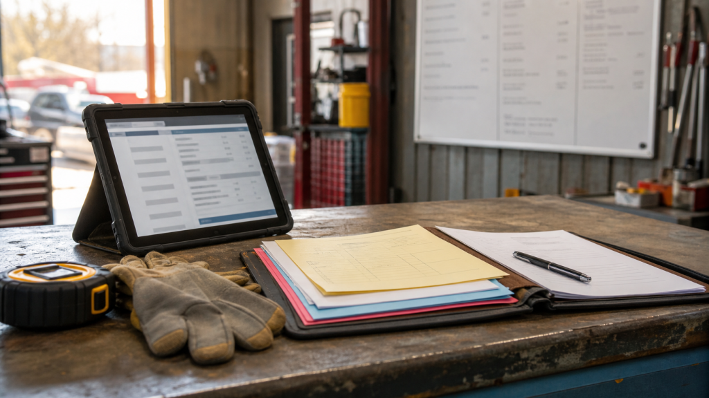 Job costing workflow materials on a contractor workshop counter with job folders, receipts, tools, and a field tablet
