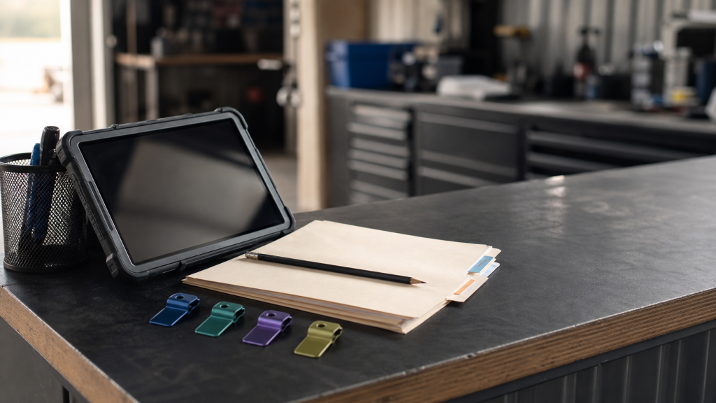 Clean operations counter with tablet, folders, and color-coded status clips for a small-business dashboard article