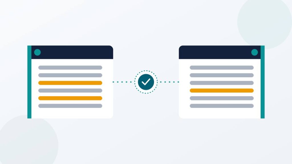 Two connected business systems showing mismatched customer record rows with a source-of-truth checkpoint between them