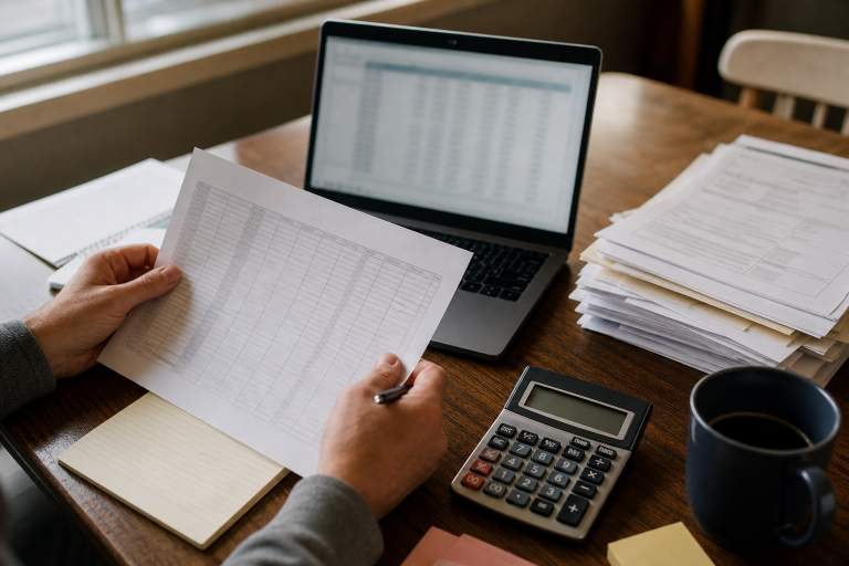 Business owner reviewing a printed spreadsheet beside a laptop and stacks of paperwork on a worktable