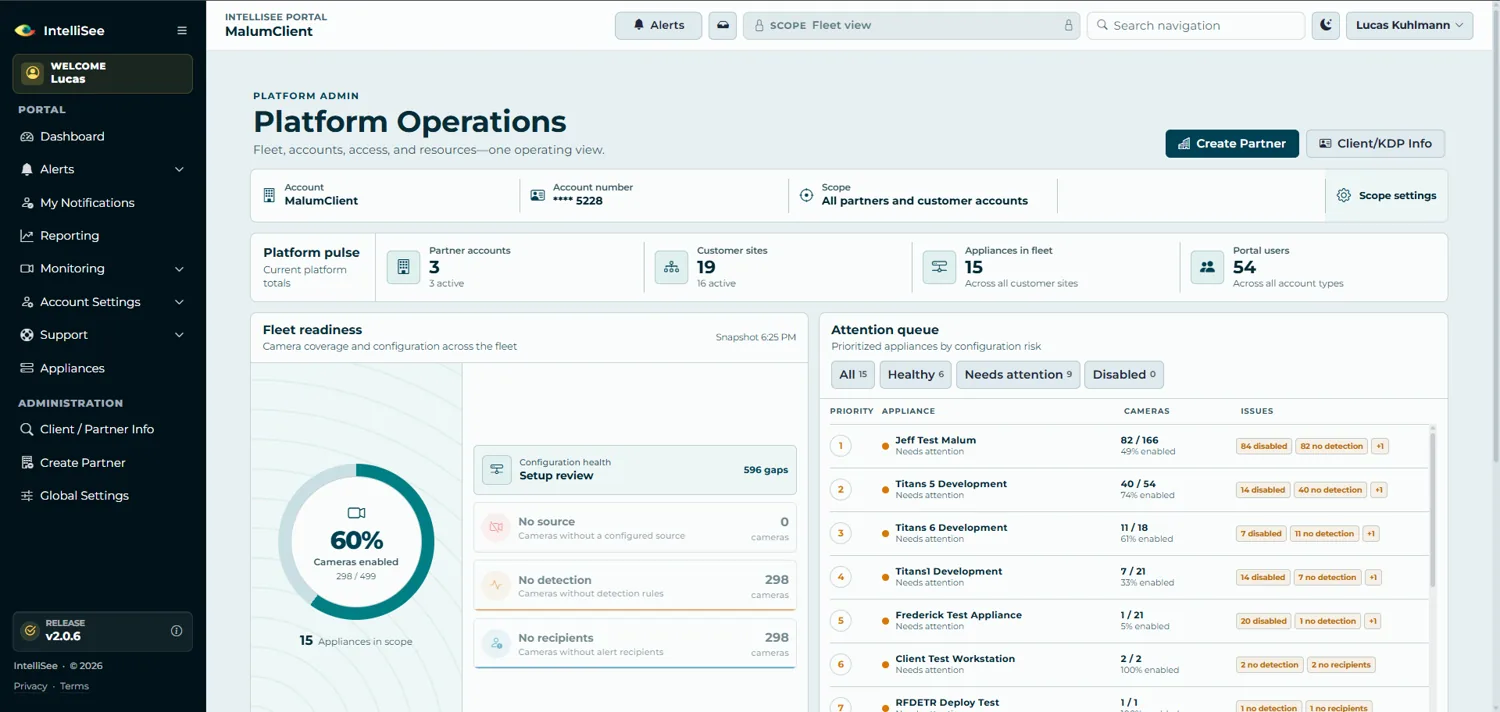 IntelliSee platform operations portal &mdash; fleet readiness, alerts, and the integrated support view