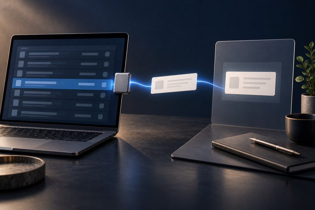A precise connector lifting one current order card from business software into an AI assistant workspace.
